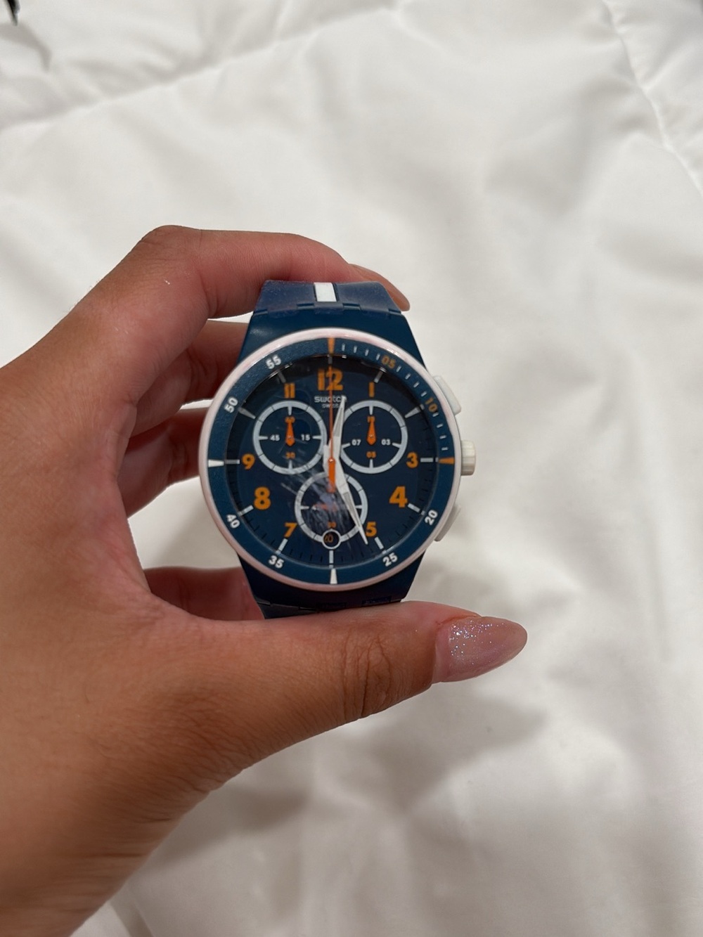 Swatch Navy Blue Watch with Orange Accents